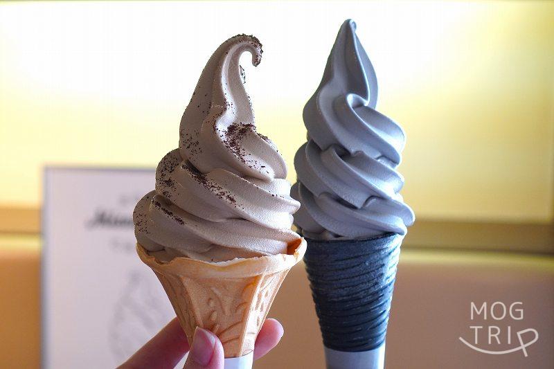 函館美鈴珈琲のコーヒーソフトとGソフトを手に持っている様子